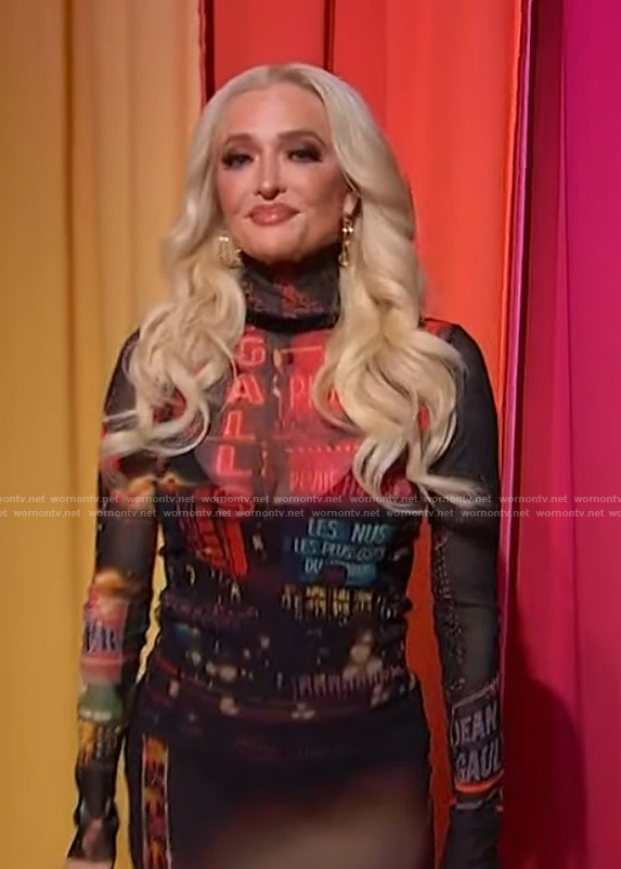 Erika Jayne's black printed mesh top and skirt on Sherri