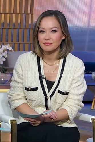 Eva's white cable knit cardigan on Good Morning America
