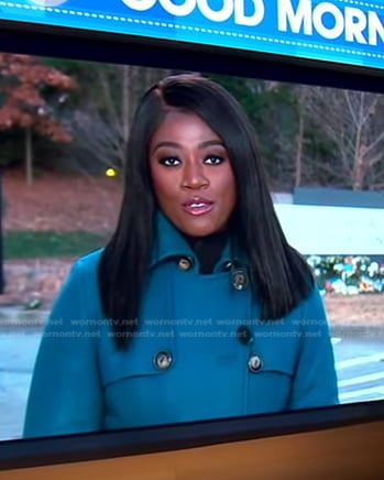 Faith Abubey's blue trench coat on Good Morning America