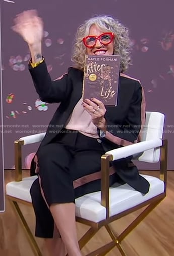 Gayle Forman's black side stripe blazer and pants on Good Morning America