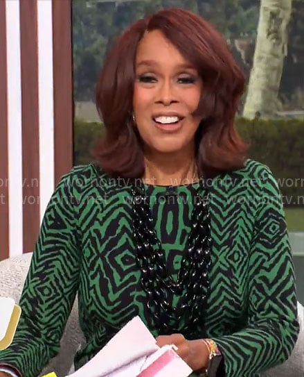 Gayle King's green and black printed dress on CBS Mornings