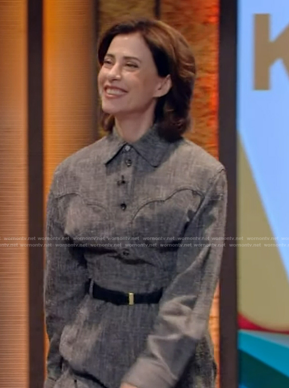 Fernanda Torres's gray button down shirt and pants on Live with Kelly and Mark