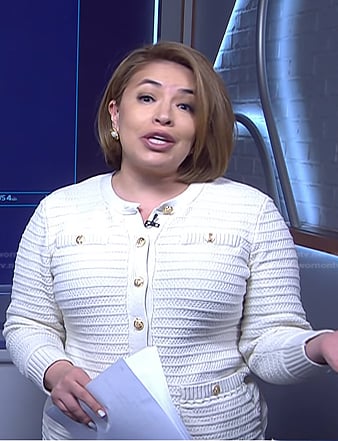 Gilma Avalos's white ribbed cardigan on NBC News Daily