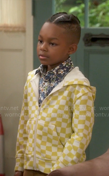 Trey's checkerboard hoodie on Poppas House
