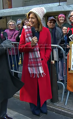 Hoda's red double breasted wool coat and plaid knit scarf on Today