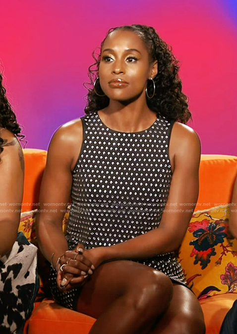 Issa Rae's black rhinestone embellished top and skirt on E! News