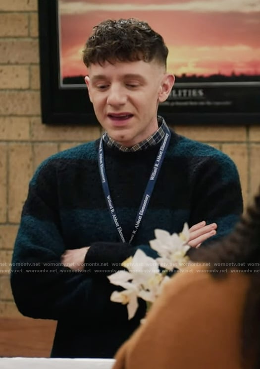 Jacob's blue stripe sweater on Abbott Elementary