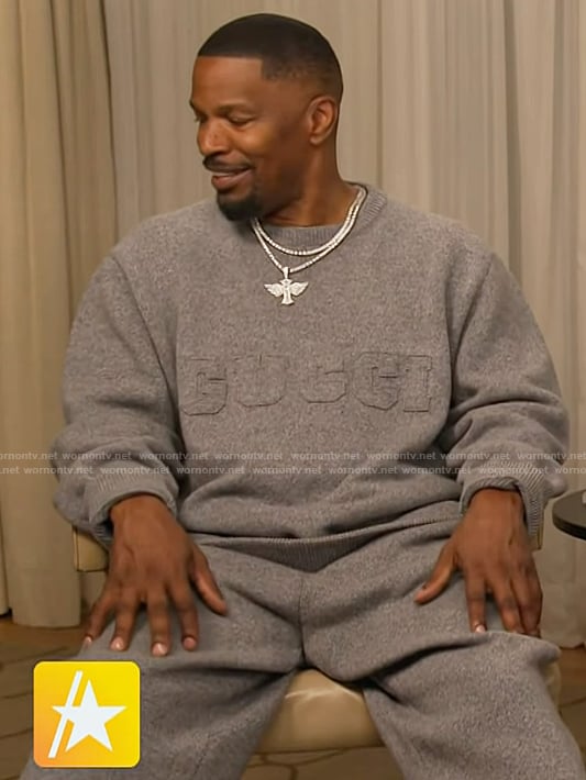 Jamie Foxx's gray Gucci embroidered sweatshirt on Access Hollywood