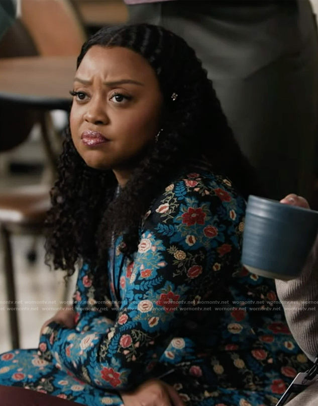 Janine's blue floral print mesh dress on Abbott Elementary