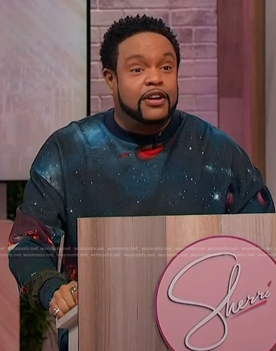 Jawn's galaxy print sweatshirt on Sherri