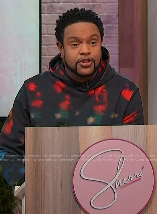 Jawn's black tie dye print hoodie on Sherri