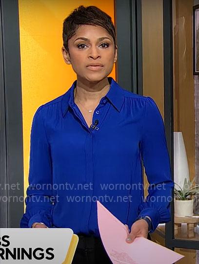 Jericka Duncan's blue button down blouse on CBS Mornings