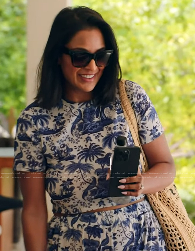 Jessel's blue tropical print top and pant set on The Real Housewives of New York City