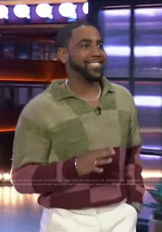 Jharrel Jerome's colorblock check knit sweater on The Kelly Clarkson Show