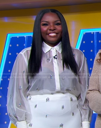 Joaquina's white embellished sheer blouse and pencil skirt on Good Morning America