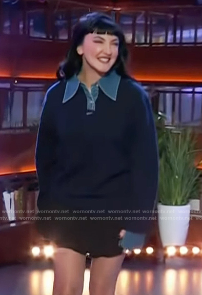Julia Michaels' denim trim sweater on The Kelly Clarkson Show