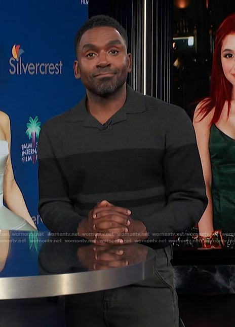 Justin's gray stripe sweater on E! News