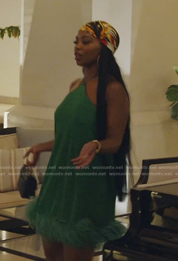 Keiarna's green feather trim mini dress on The Real Housewives of Potomac