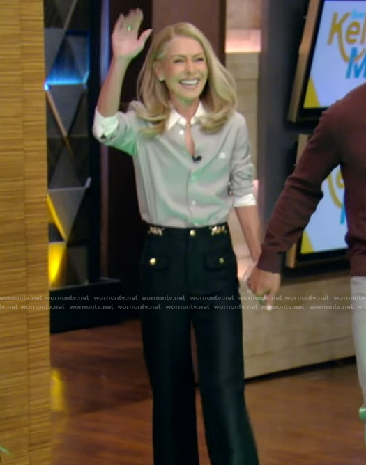 Kelly's gray contrast collar shirt and pants on Live with Kelly and Mark