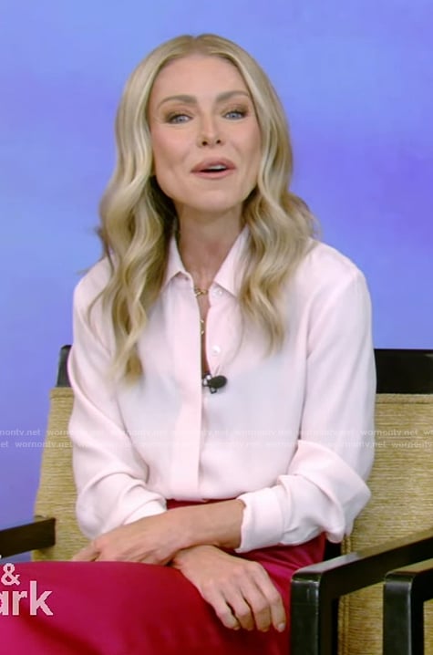 Kelly's pink blouse and skirt on Live with Kelly and Mark