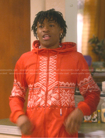 Kelvin's red print onesie on The Upshaws