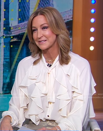 Lara's white ruffle tie neck blouse on Good Morning America