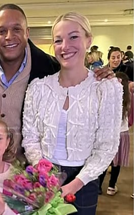 Lindsay Czarniak's white bow embellished knit cardigan on Today