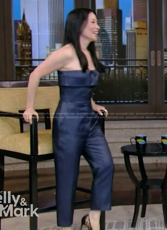 Lucy Liu's metallic strapless top and pants on Live with Kelly and Mark