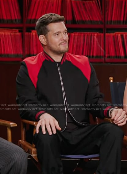 Michael Buble's black mixed media bomber jacket on Access Hollywood