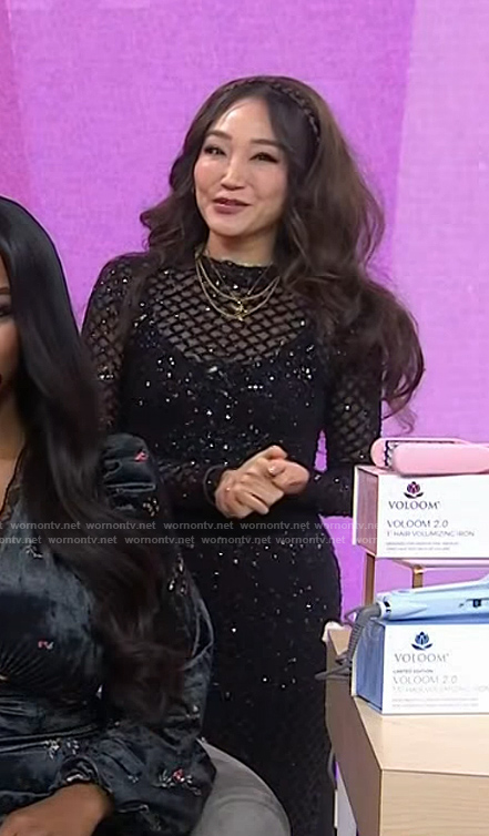 Michelle Parks's black sequin mesh top and skirt on Today
