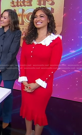 Milly Almodovar's red contrast collar ribbed dress on Good Morning America