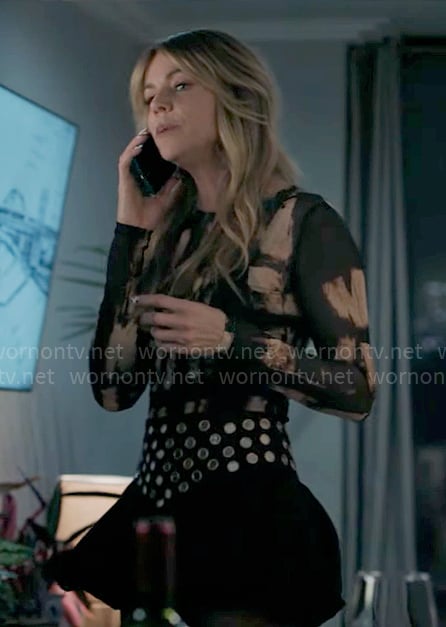 Morgan's printed long sleeve top and mini bubble skirt on High Potential