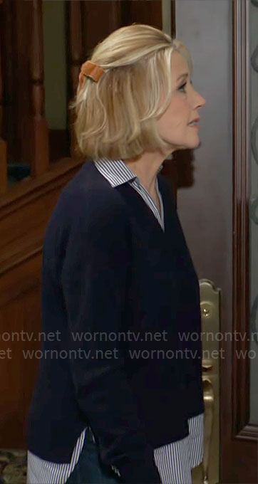 Nikki's navy layered sweater on The Young and the Restless