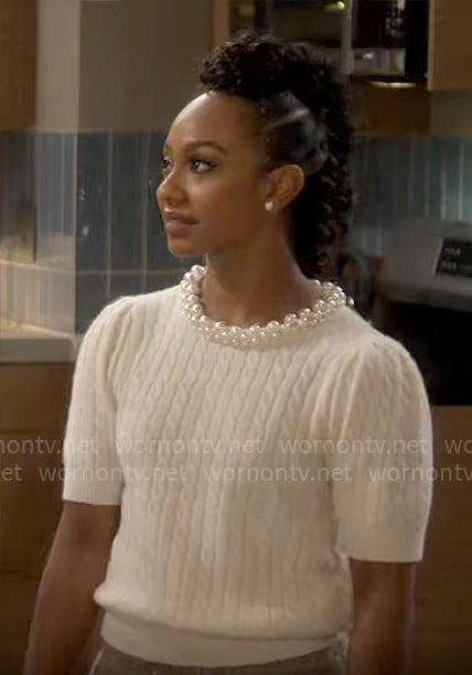 Nina's pearl embellished cable-knit sweater on Poppas House