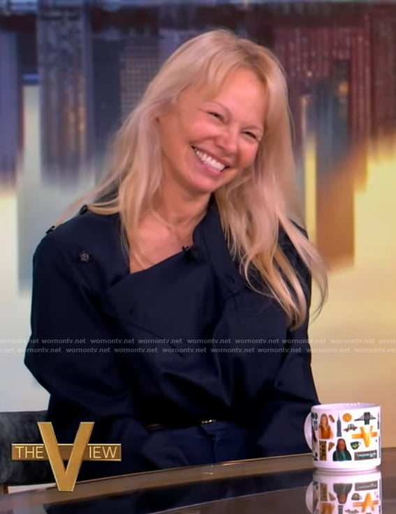Pamela Anderson's navy button detail blouse and pants on The View
