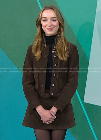 Phoebe Dynevor's brown suede jacket and mini skirt on Today