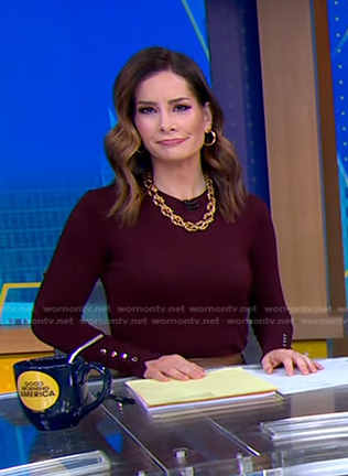 Rebecca's burgundy button sleeve sweater on Good Morning America