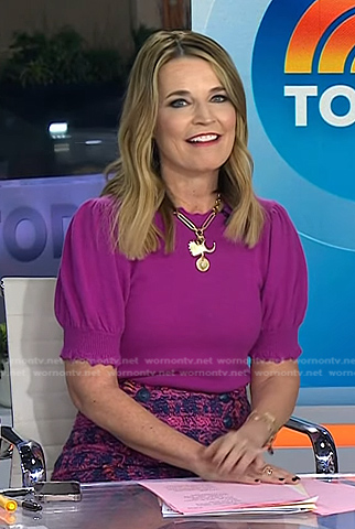 Savannah’s purple puff sleeve top and tweed skirt on Today