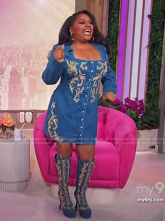 Sherri's denim embroidered mini dress on Sherri