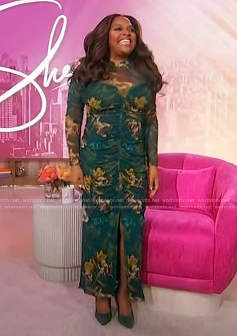 Sherri's green floral print ruched dress on Sherri