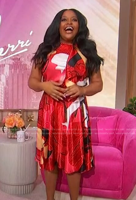 Sherri's red printed top and skirt on Sherri