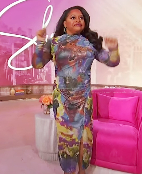 Sherri's multicolored marble print dress on Sherri