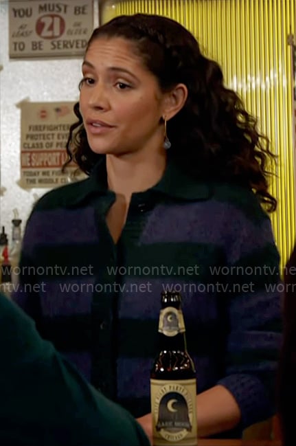 Stella's blue and green striped cardigan on Chicago Fire