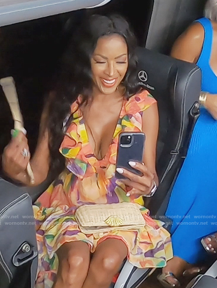 Stacey's floral ruffle dress on The Real Housewives of Potomac