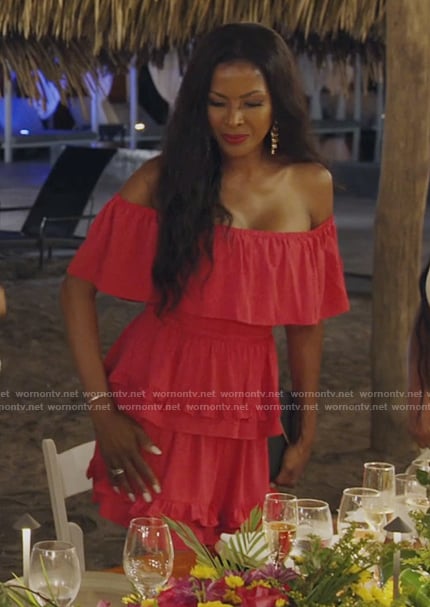 Stacey's pink off shoulder ruffle dress on The Real Housewives of Potomac
