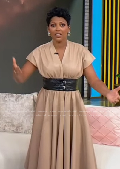 Tamron's leather belted dress on Tamron Hall Show