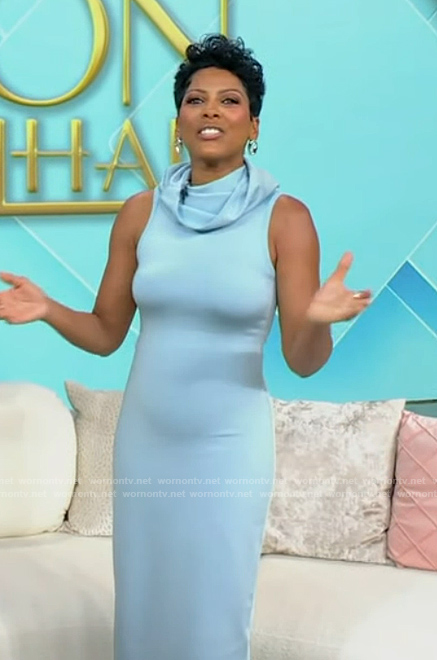Tamron's blue ruffle neck dress on Tamron Hall Show