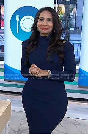 Dr. Taz Bhatia's navy button shoulder dress on Today