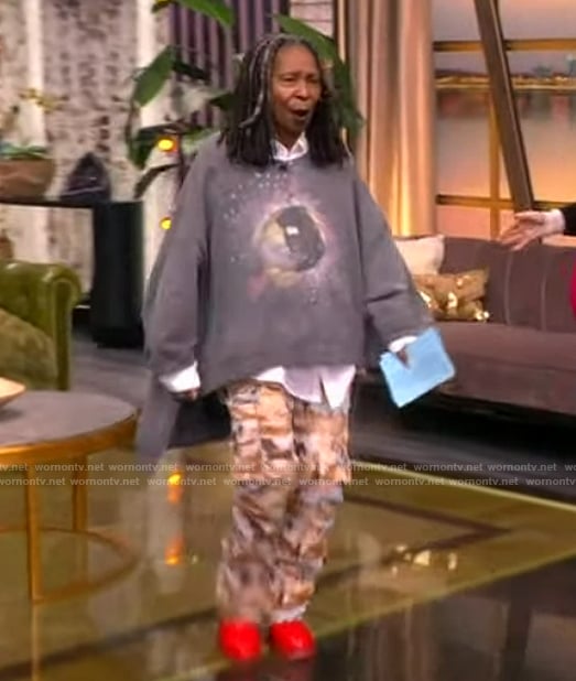 Whoopi's printed sweatshirt and cargo pants on The View