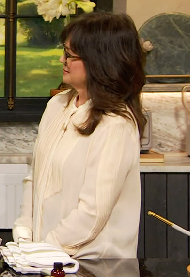 Valerie Bertinelli's pleated front blouse on The Drew Barrymore Show